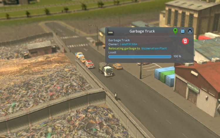A garbage truck bringing trash from a landfill site to an incineration plant for processing. / Cities: Skylines