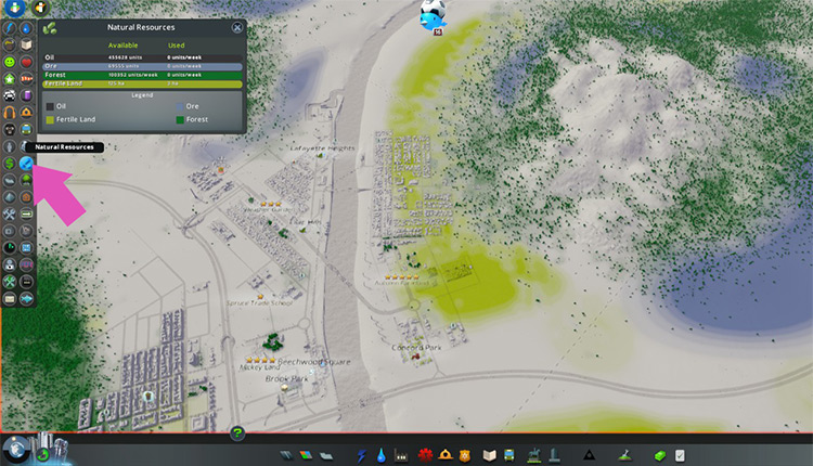 The Natural Resources info view will show you which of the four types you have on your map: fertile land (for farming), forest, ore, and oil. / Cities: Skylines