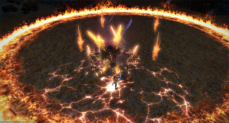 Four “Infernal Nails” behind the boss while he uses “Eruption” / Final Fantasy XIV