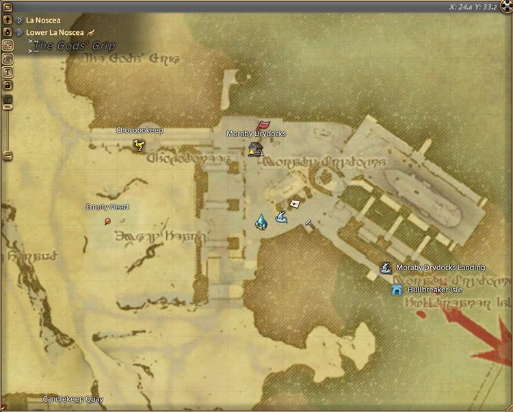 Eynzahr Slafyrsyn’s map location in Lower La Noscea / Final Fantasy XIV