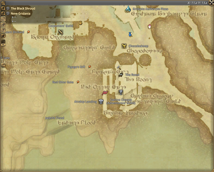 Cid’s map location in New Gridania / Final Fantasy XIV