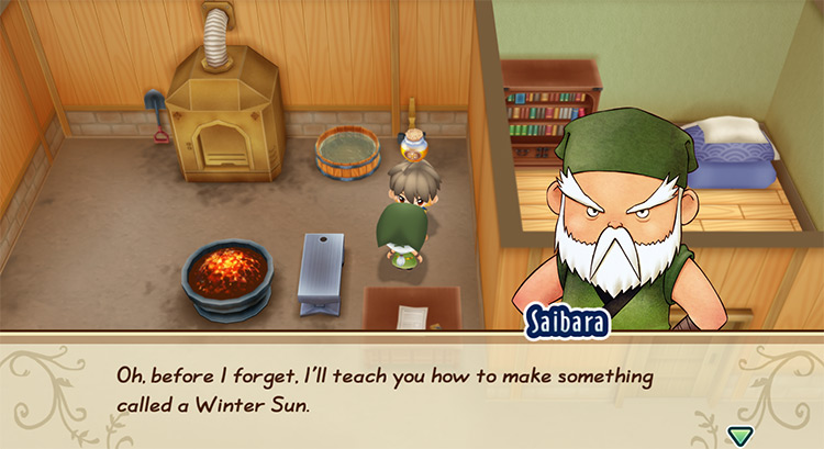 Saibara offers to teach the farmer the recipe for Winter Sun. / Story of Seasons: Friends of Mineral Town