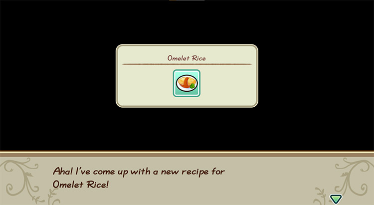 The farmer gets inspired to cook Omelet Rice while in the kitchen. / Story of Seasons: Friends of Mineral Town