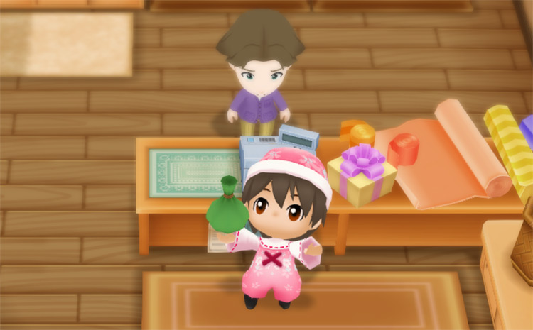 The farmer buys Spinach seeds from Jeff at the General Store. / Story of Seasons: Friends of Mineral Town