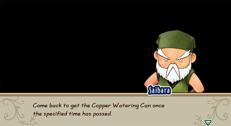 The farmer buys a Watering Can upgrade from Saibara. / Story of Seasons: Friends of Mineral Town