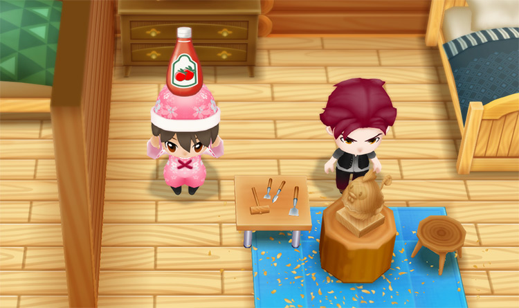 The farmer stands next to Brandon while holding a bottle of Ketchup. / Story of Seasons: Friends of Mineral Town