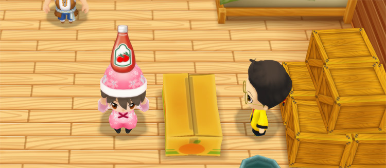 The farmer stands in front of Huang’s counter while holding a bottle of Ketchup. / Story of Seasons: Friends of Mineral Town