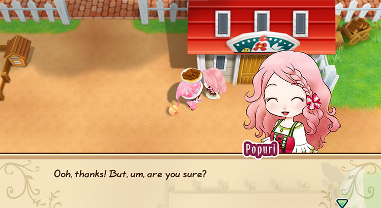 The farmer gifts Chocolate Cookies to Popuri on White Day. / Story of Seasons: Friends of Mineral Town