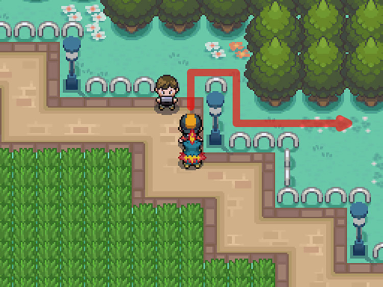 The player standing outside the gap in the fence / Pokemon HGSS