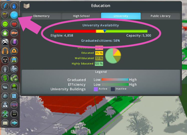 Open the Education info view to see if you have enough capacity across your universities. / Cities: Skylines
