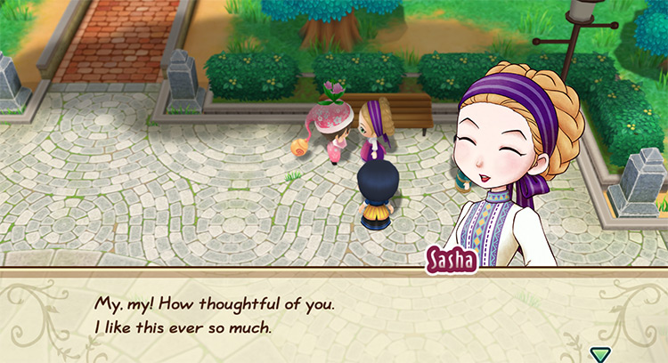 Sasha’s response when the farmer gives her a loved gift. / Story of Seasons: Friends of Mineral Town