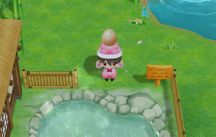 The farmer throws an egg into the Hot Spring to make a Hot Spring Egg. / Story of Seasons: Friends of Mineral Town