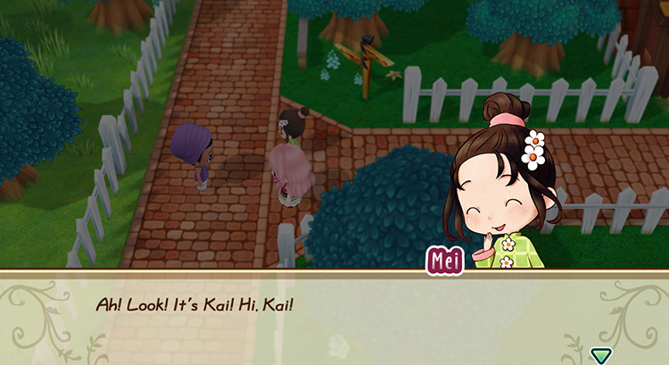 Mei participates in Kai’s welcome event with Popuri and the farmer. / Story of Seasons: Friends of Mineral Town