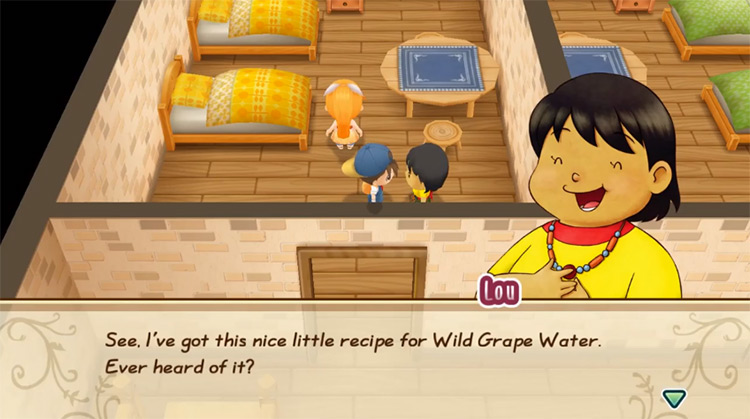 Lou teaches the farmer the recipe for Wild Grape Water. Source / Story of Seasons: Friends of Mineral Town
