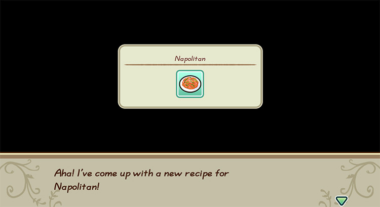 The farmer gets inspired to cook Napolitan while in the kitchen. / Story of Seasons: Friends of Mineral Town