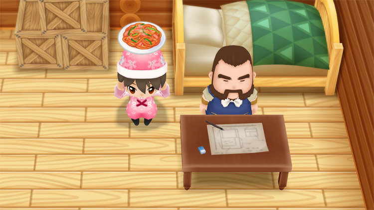 The farmer stands next to Gotts while holding a plate of Napolitan. / Story of Seasons: Friends of Mineral Town