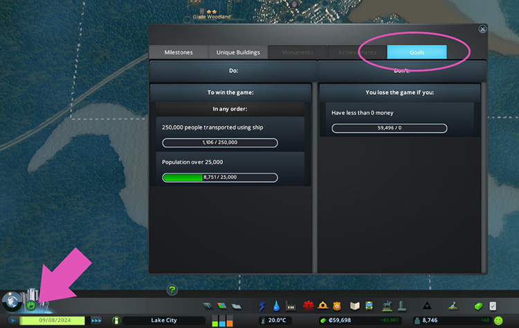 You can check your progress on the Goals tab of the Milestones panel. / Cities: Skylines