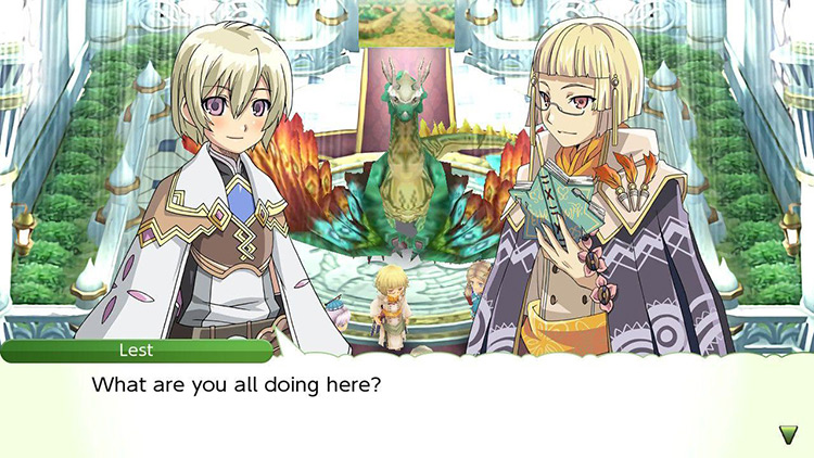 Lest finds Arthur, Blossom and Margaret speaking with Venti in the Dragon Room / Rune Factory 4