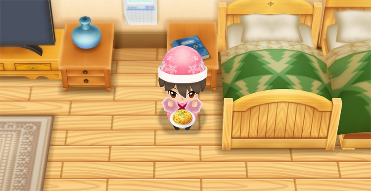 The farmer eats Fried Rice to restore stamina after waking up. / Story of Seasons: Friends of Mineral Town