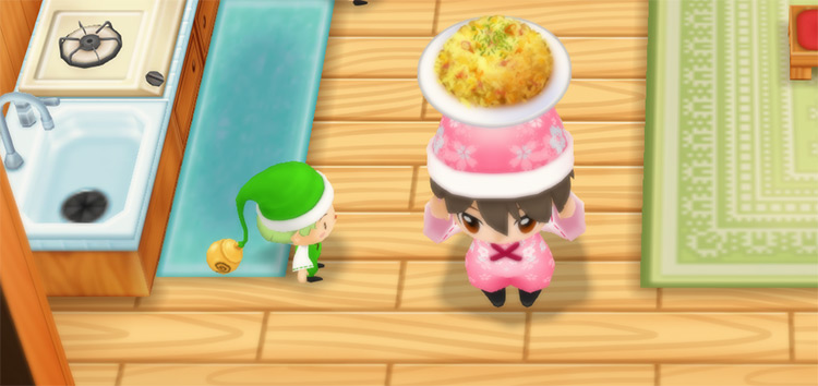 The farmer stands next to Mint while holding Fried Rice. / Story of Seasons: Friends of Mineral Town