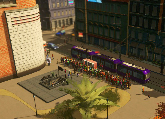 A large group of passengers waiting to transfer from the metro to the tram. / Cities: Skylines